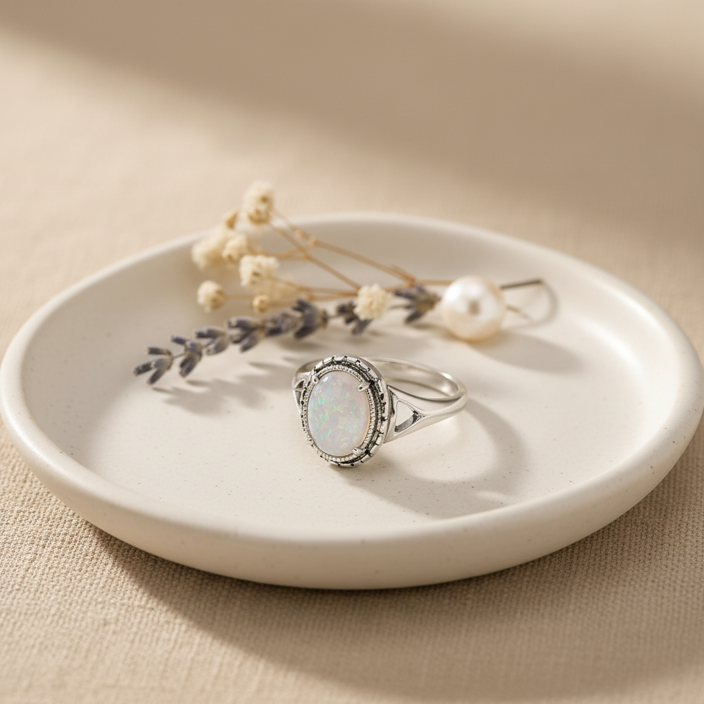 Arnia CraftyGirl large oval moonstone ring on white ceramic dish with pearl and dried white flowers – artisan jewellery South Africa
