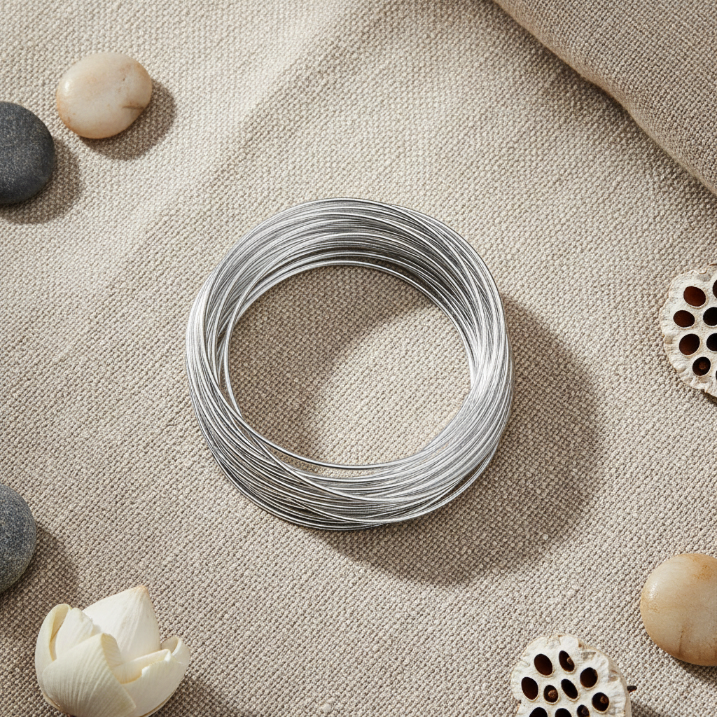 White silver wire bangles flat lay on linen – handcrafted South African jewellery