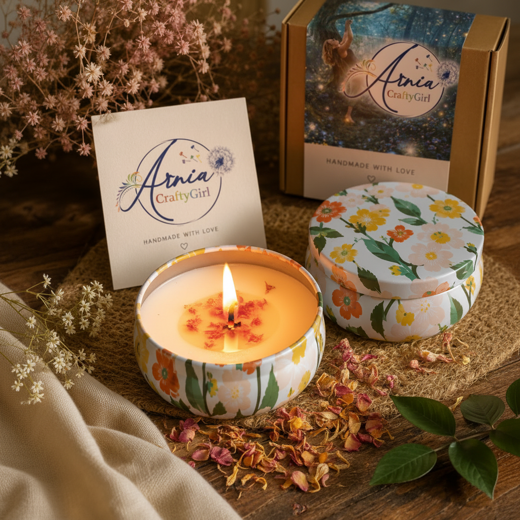 Arnia CraftyGirl fruity scented candle lit with warm glowing flame on rustic wood with dried flower petals, golden hour light