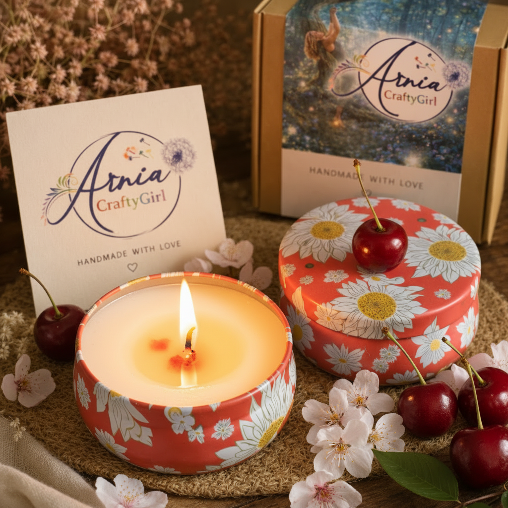 Arnia CraftyGirl cherry scented candle lit with warm glowing flame on rustic wood with cherry blossoms and golden hour light