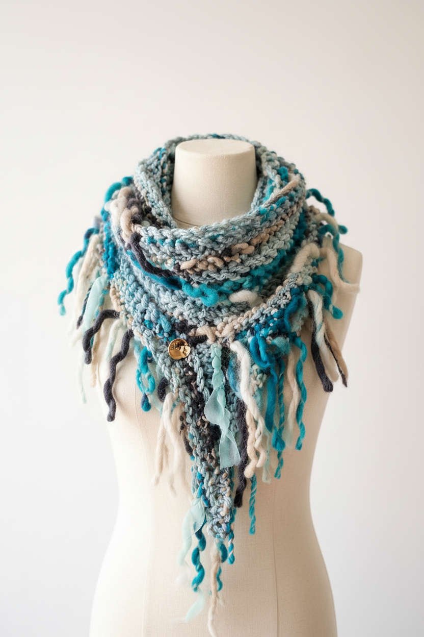 Handmade teal and grey merino wool scarf on white mannequin bust – Arnia CraftyGirl artisan fashion