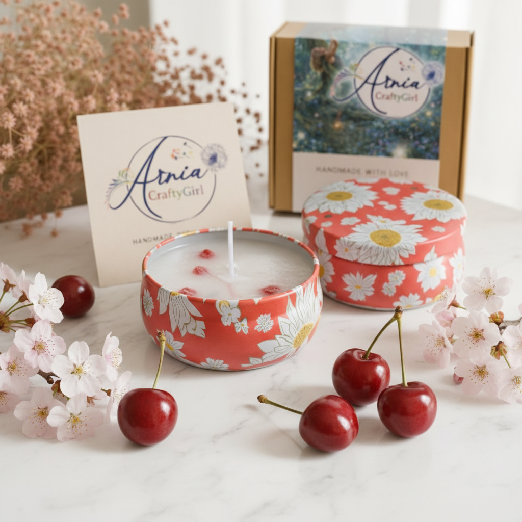 Arnia CraftyGirl cherry scented candle in red daisy tin on white marble surface with fresh red cherries and cherry blossoms