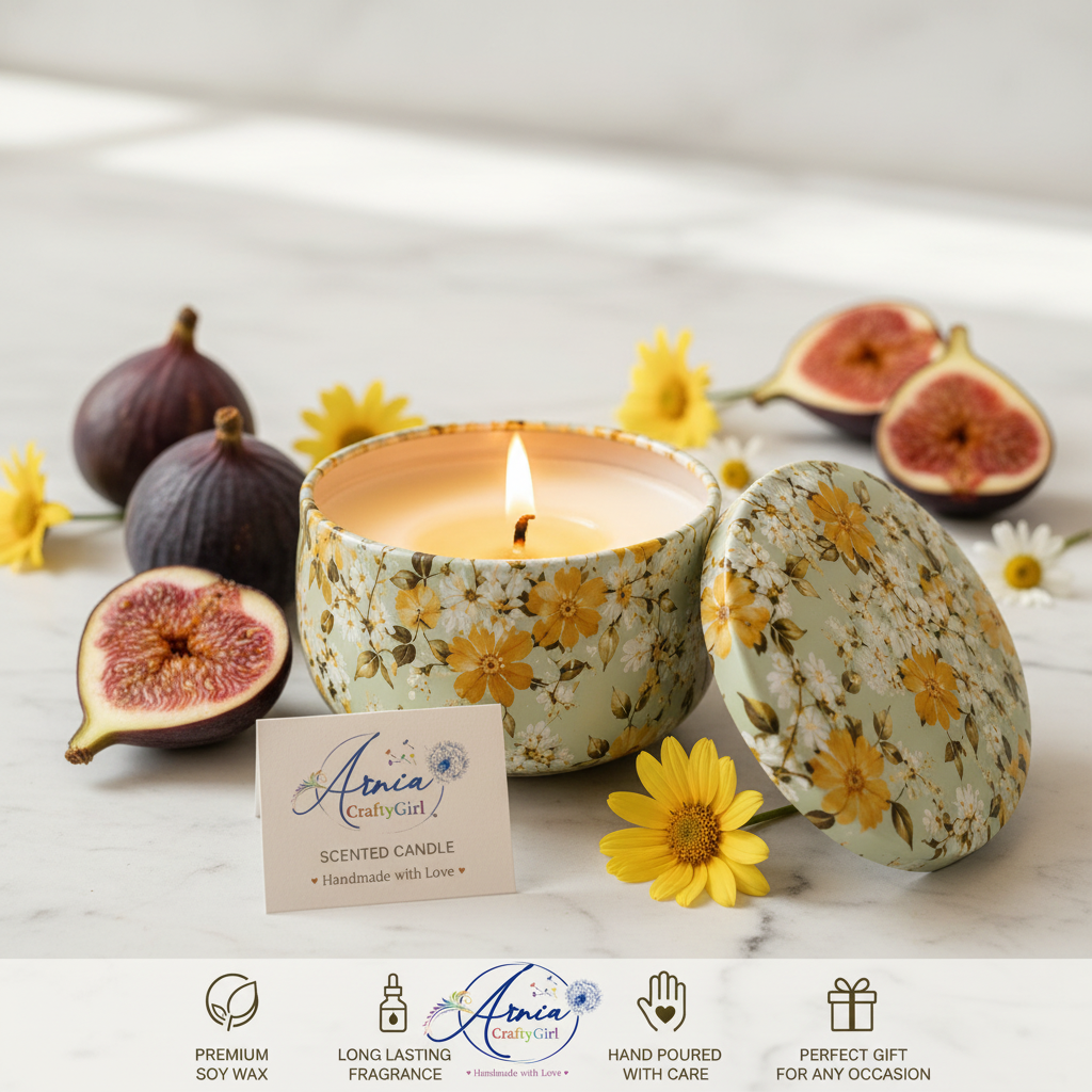 Arnia CraftyGirl fig scented candle in yellow floral tin on white marble surface with fresh figs and yellow wildflowers