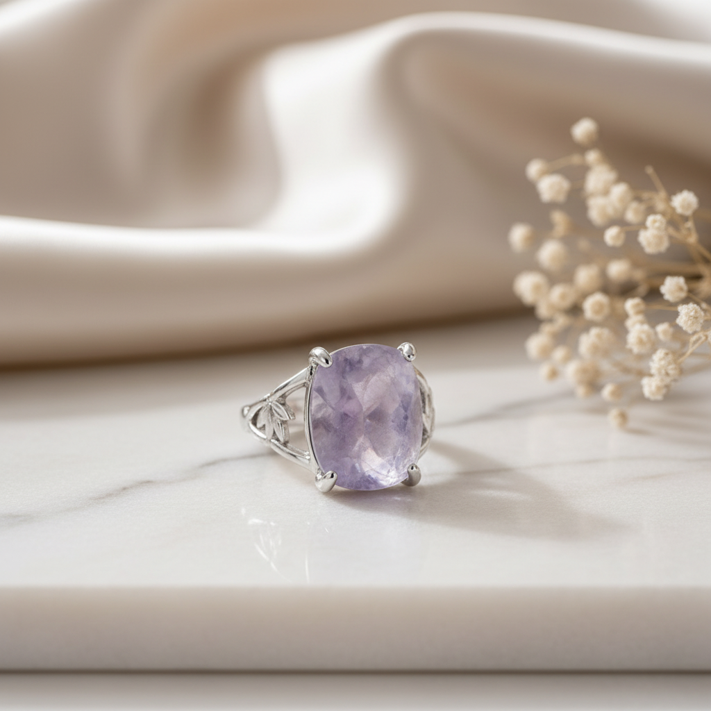 Silver-plated amethyst leaf detail ring on white marble with baby's breath flowers and silk, size 17, Arnia CraftyGirl