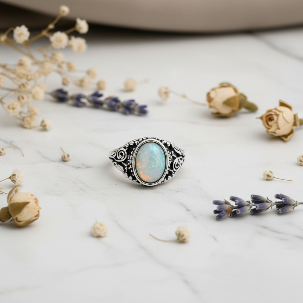 Silver-plated oval moonstone glass stone ring on white marble with dried flowers, size 15, handmade by Arnia CraftyGirl