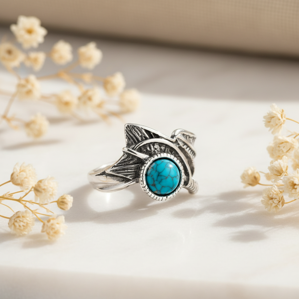 Antique silver leaf detail ring with round turquoise cabochon stone on white marble with dried flowers, size 15, Arnia CraftyGirl