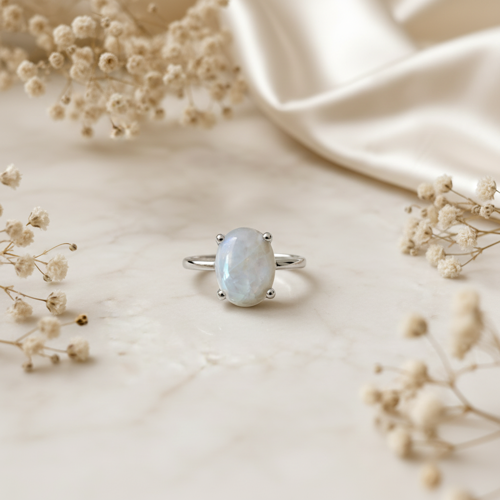 Silver-plated moonstone ring on white marble with baby's breath flowers and silk, size 18, Arnia CraftyGirl