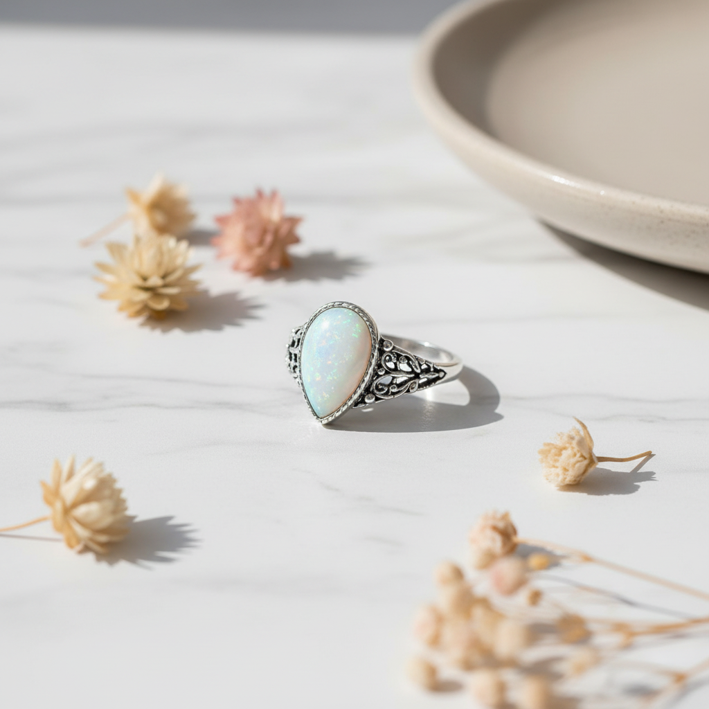 Silver-plated teardrop moonstone glass stone ring on white marble with dried flowers, size 15, handmade by Arnia CraftyGirl