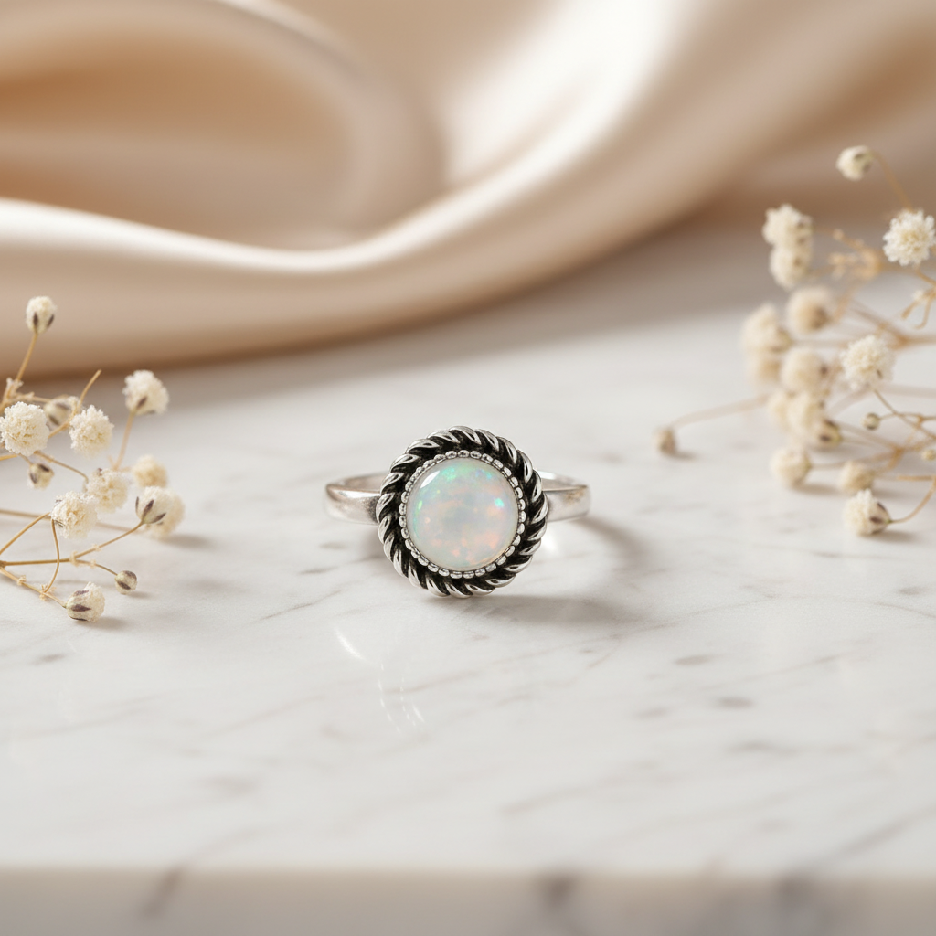 Silver moonstone rope twist bezel ring on white marble with baby's breath flowers and silk, size 19, Arnia CraftyGirl