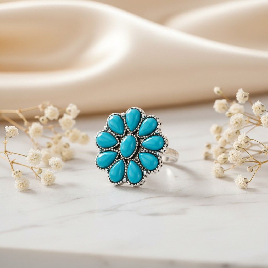 Silver-plated turquoise flower cluster ring on white marble with baby's breath flowers and silk, Arnia CraftyGirl