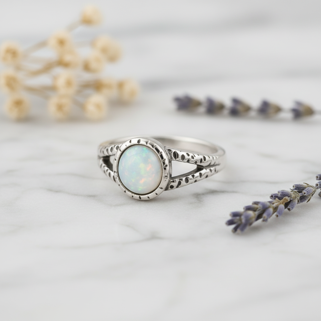 Silver ring with large round iridescent moonstone glass stone in dotted bezel and open-work split band on white marble with dried flowers, size 13, Arnia CraftyGirl