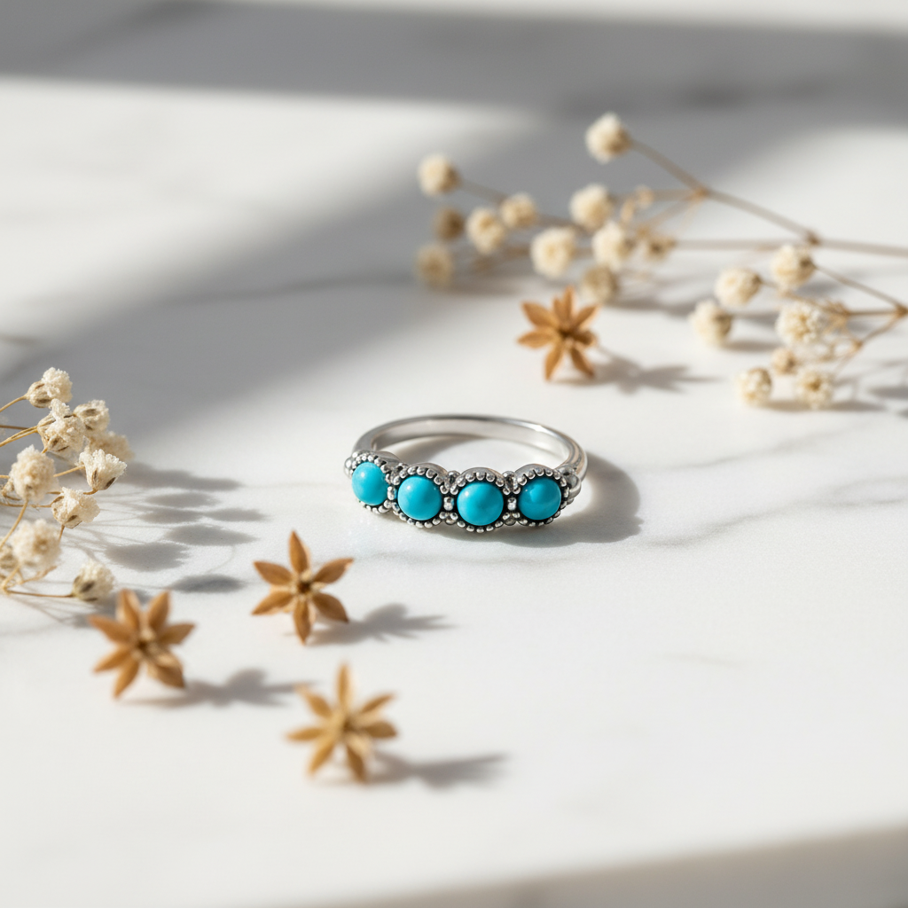 Silver ring with 4 round turquoise cabochon stones in beaded bezels worn on finger, close-up, boho lifestyle, size 13, Arnia CraftyGirl