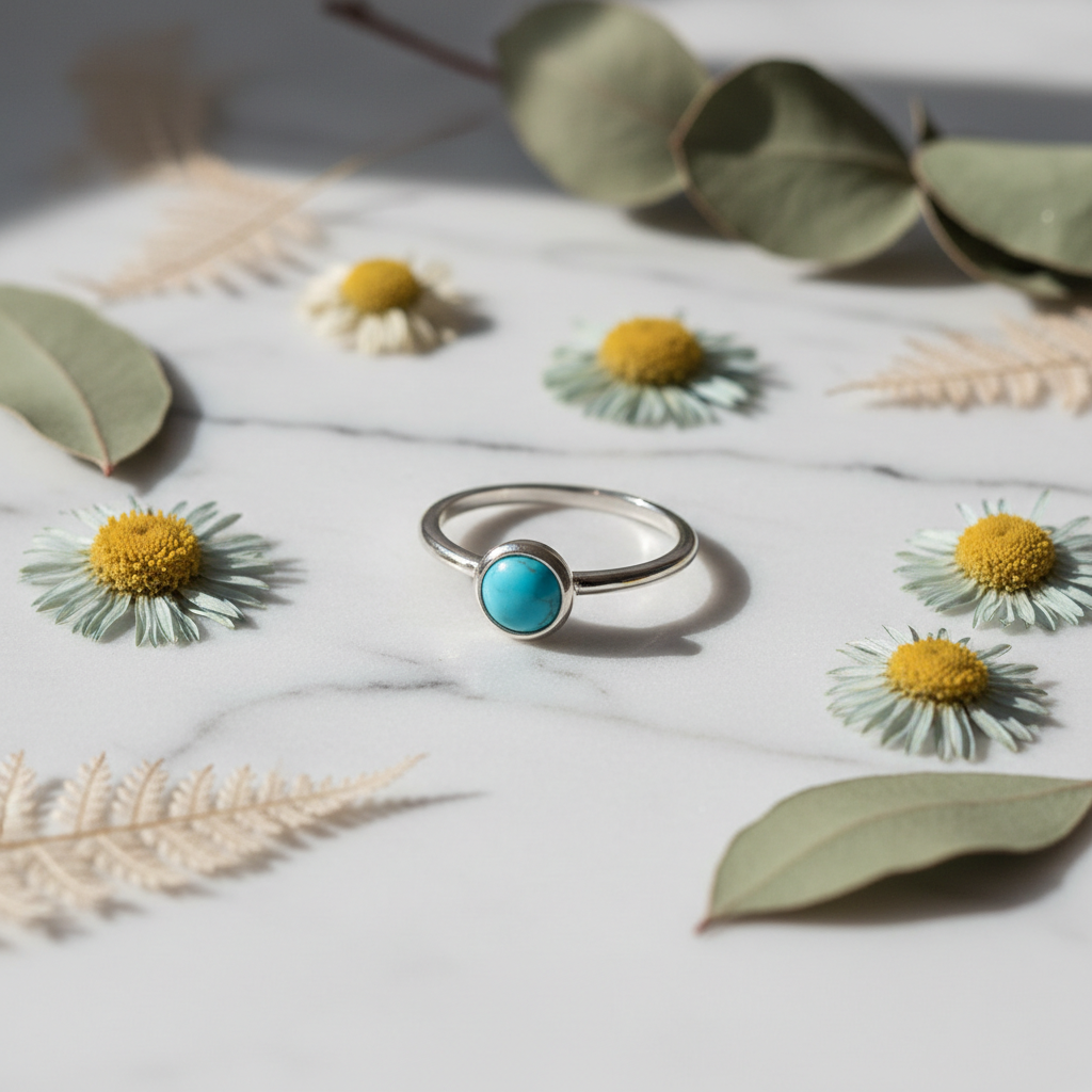 Dainty silver-plated ring with single small round turquoise stone on white marble with dried flowers, size 13, handmade by Arnia CraftyGirl