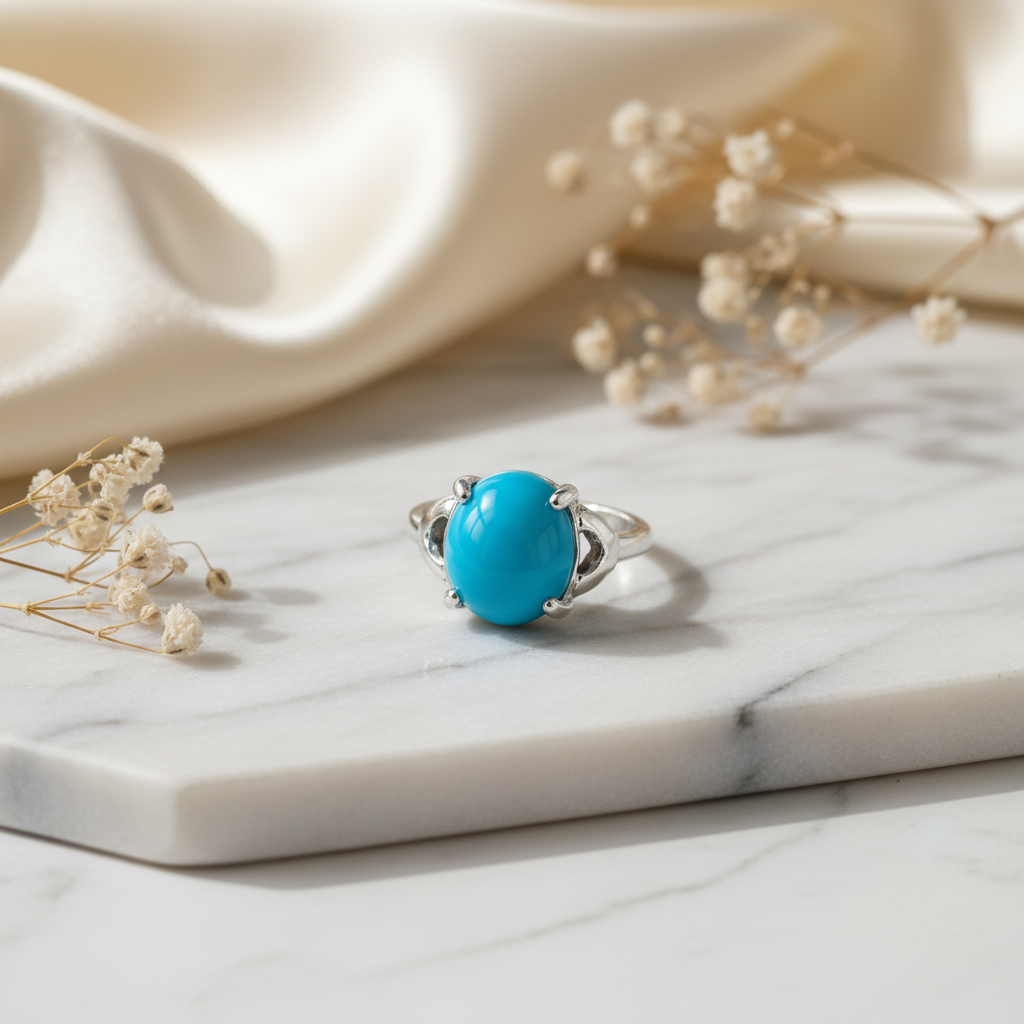 Silver-plated turquoise butterfly ring on white marble with baby's breath flowers and silk, size 18, Arnia CraftyGirl