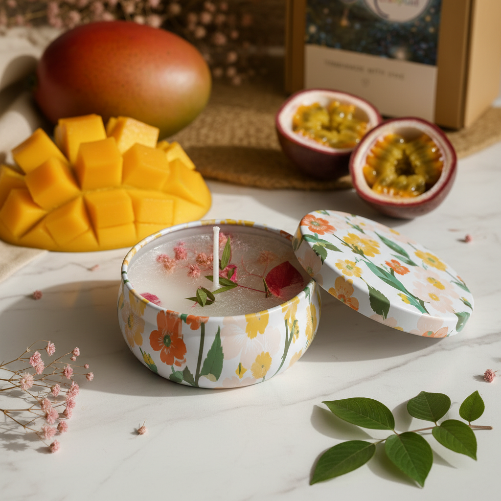 Arnia CraftyGirl fruity scented candle in white floral tin on white marble surface styled with tropical fruits, premium product photography