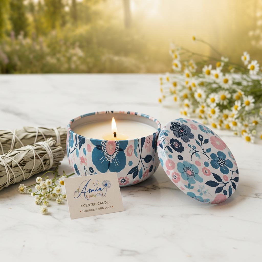 Flat lay of Arnia CraftyGirl white sage candle tin with gold gift box and card on linen with sage bundles and crystals