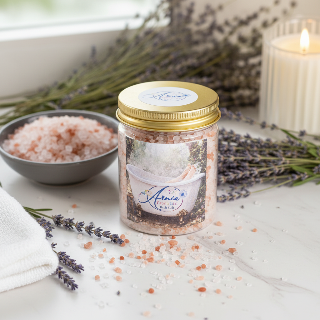 Arnia CraftyGirl lavender bath salt jar with gold lid on white marble surface with fresh lavender and pink salt crystals, spa aesthetic