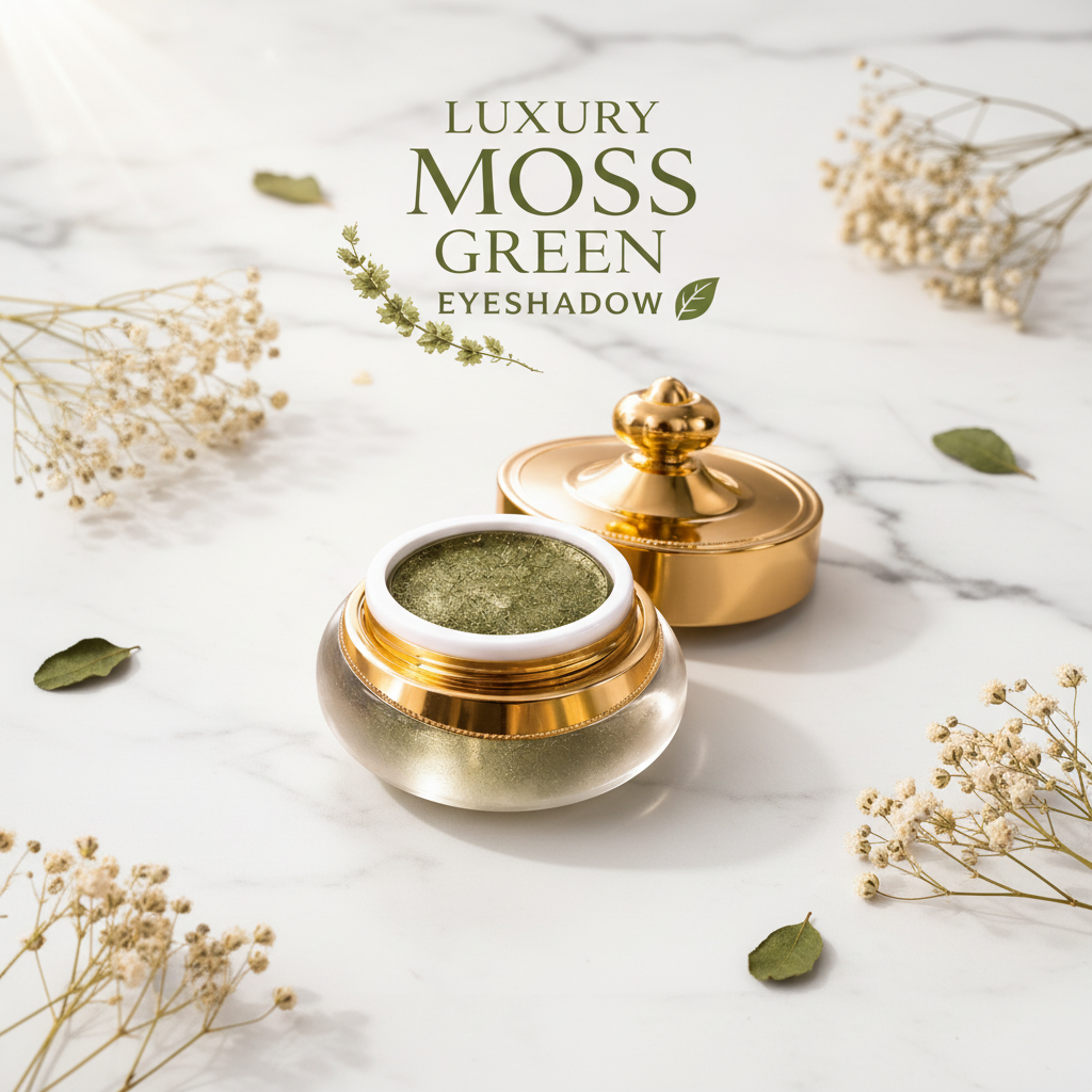 Moss Green Vit.E Natural Eyeshadow in gold jar, marble flat lay with dried botanicals, Arnia CraftyGirl