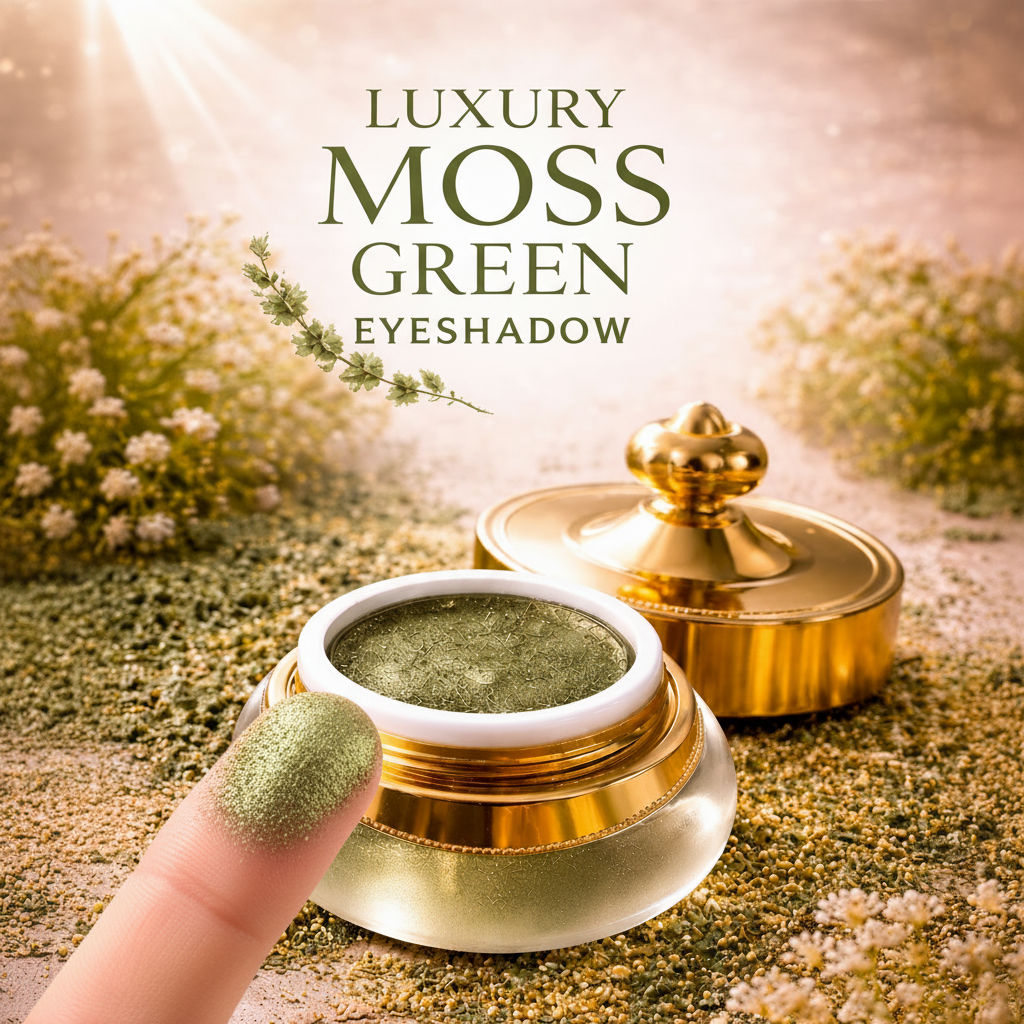 Moss green shimmer eyeshadow swatch on fingertip, natural botanical background, Arnia CraftyGirl