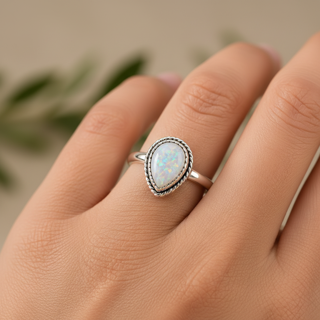 Teardrop moonstone glass stone ring worn on finger showing iridescent rainbow shimmer and twisted rope silver setting – Arnia CraftyGirl