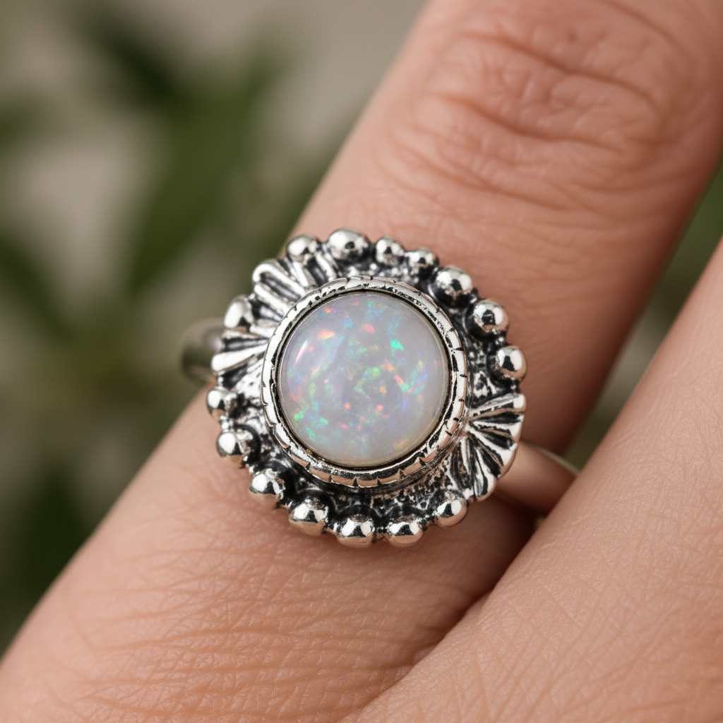Silver moonstone glass stone ring with sunflower beaded setting worn on finger showing iridescent shimmer – Arnia CraftyGirl