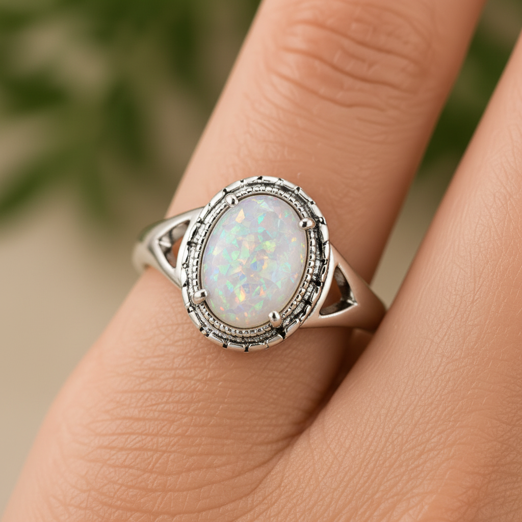 Large oval moonstone glass stone ring with milgrain beaded setting worn on finger showing iridescent shimmer – Arnia CraftyGirl
