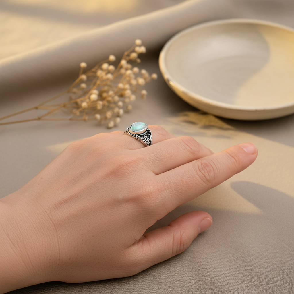 Oval moonstone glass stone ring with intricate scroll detail worn on hand, boho lifestyle, size 15, Arnia CraftyGirl