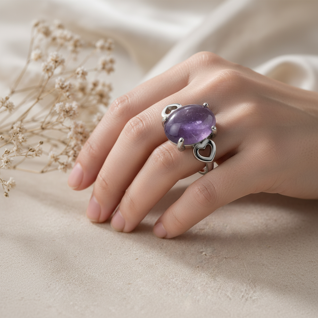 Silver-plated amethyst ring with heart detail worn on hand, golden hour boho lifestyle, size 19, Arnia CraftyGirl
