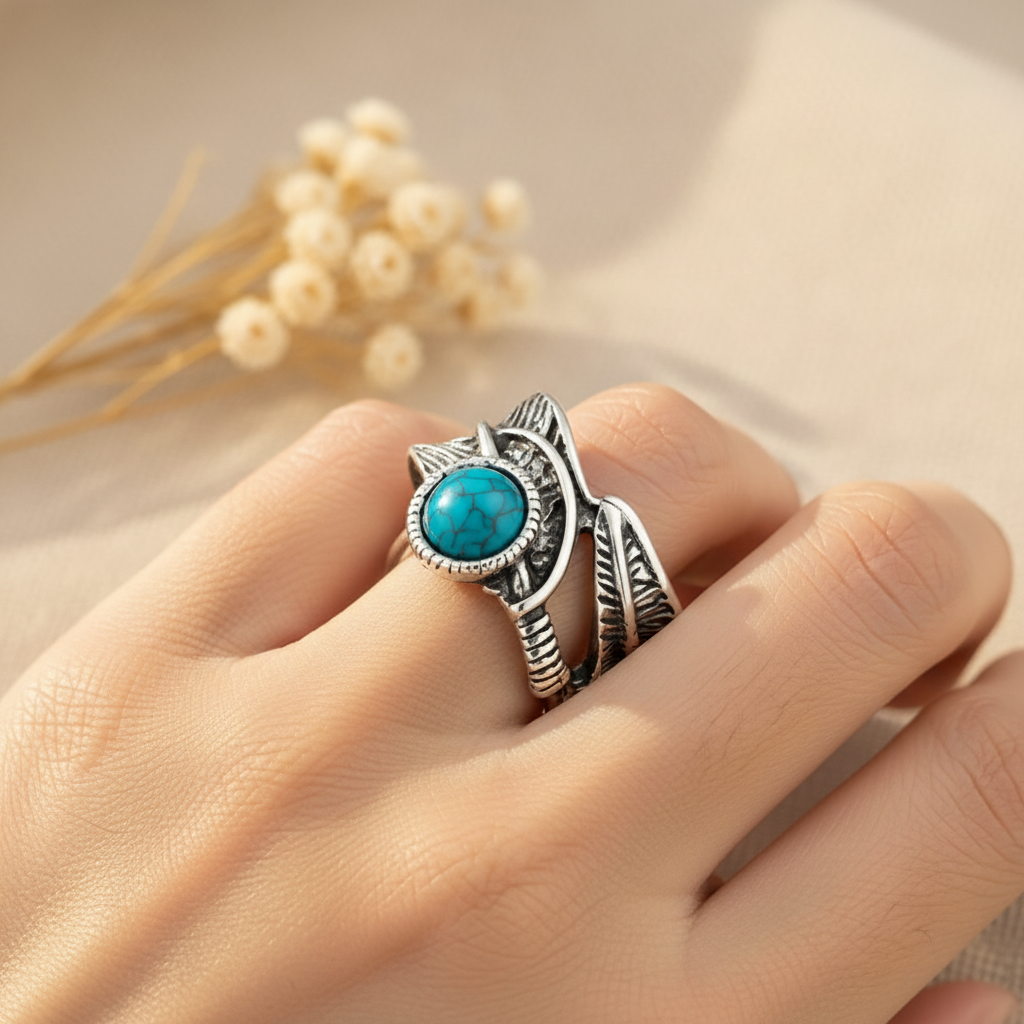 Antique silver leaf detail ring with round turquoise cabochon stone worn on hand, boho tribal lifestyle, size 15, Arnia CraftyGirl