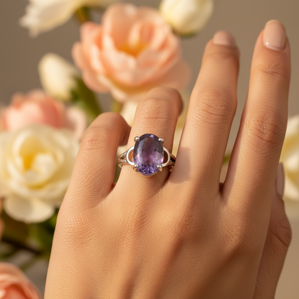 Silver-plated amethyst ring with oval purple cabochon and crescent moon detail worn on hand, golden hour boho lifestyle, size 19, Arnia CraftyGirl