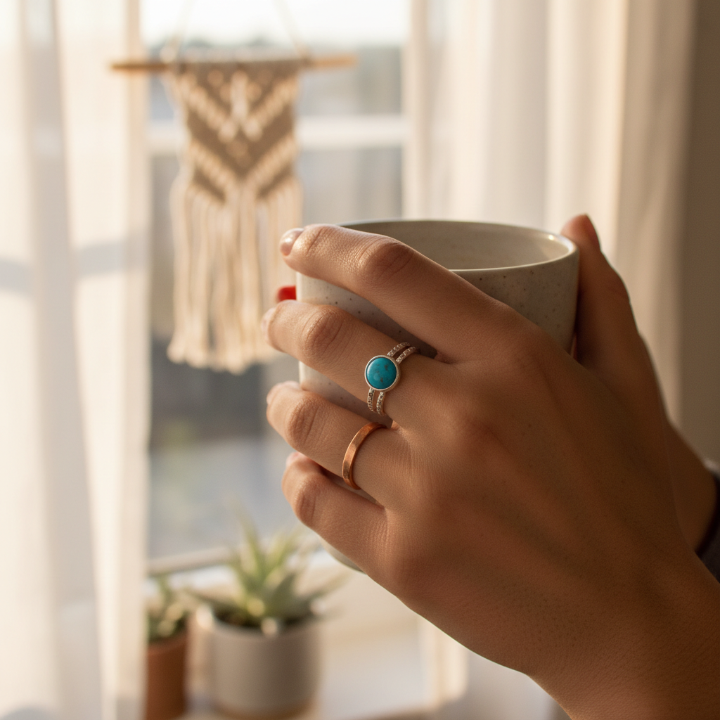 Dainty silver-plated turquoise stone ring worn on hand, boho lifestyle, size 13, Arnia CraftyGirl