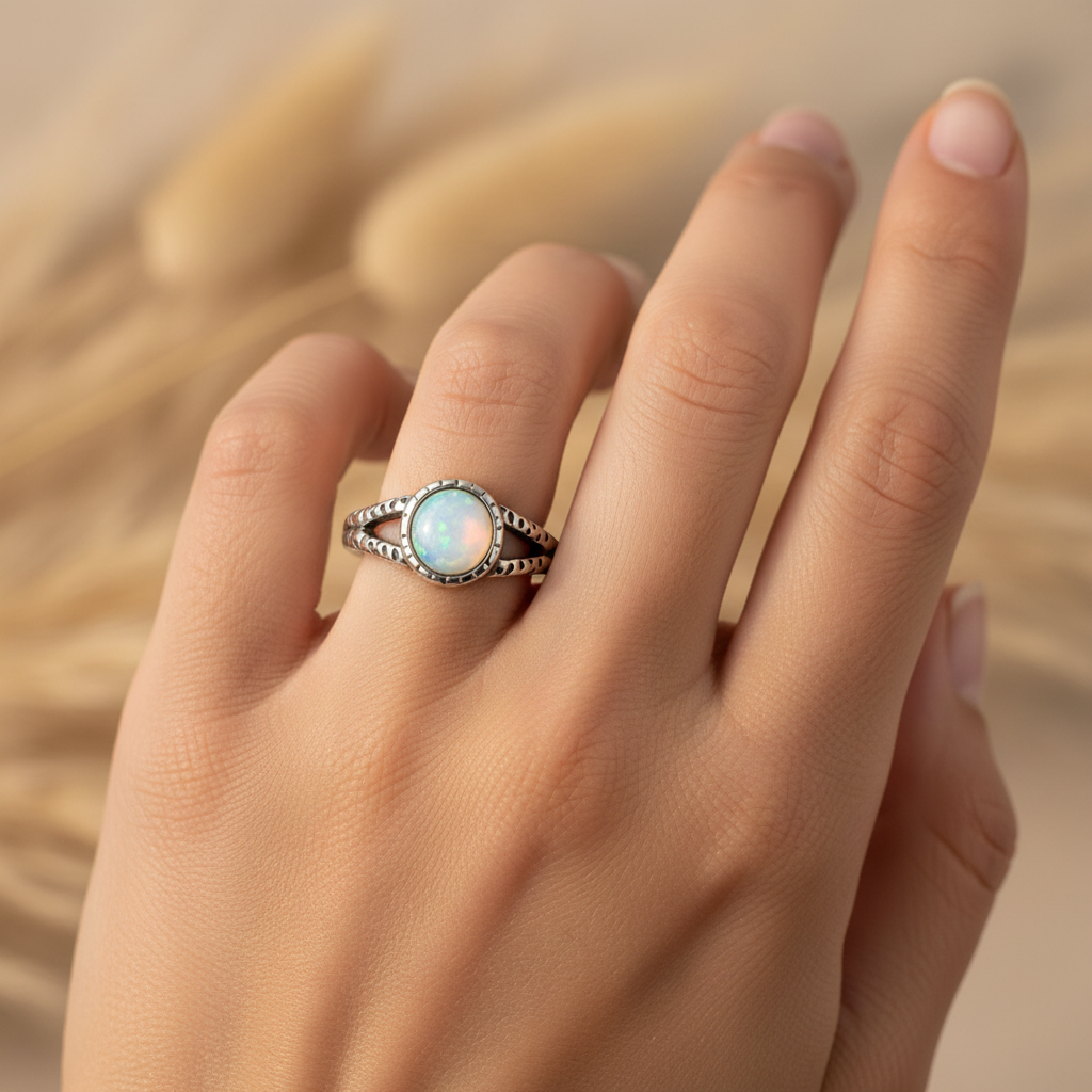 Silver ring with large round iridescent moonstone glass stone in dotted bezel and open-work split band worn on hand, boho lifestyle, size 13, Arnia CraftyGirl