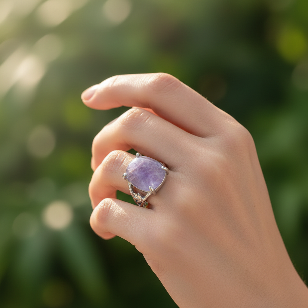 Silver-plated amethyst ring with leaf detail worn on hand, golden hour boho botanical lifestyle, size 17, Arnia CraftyGirl