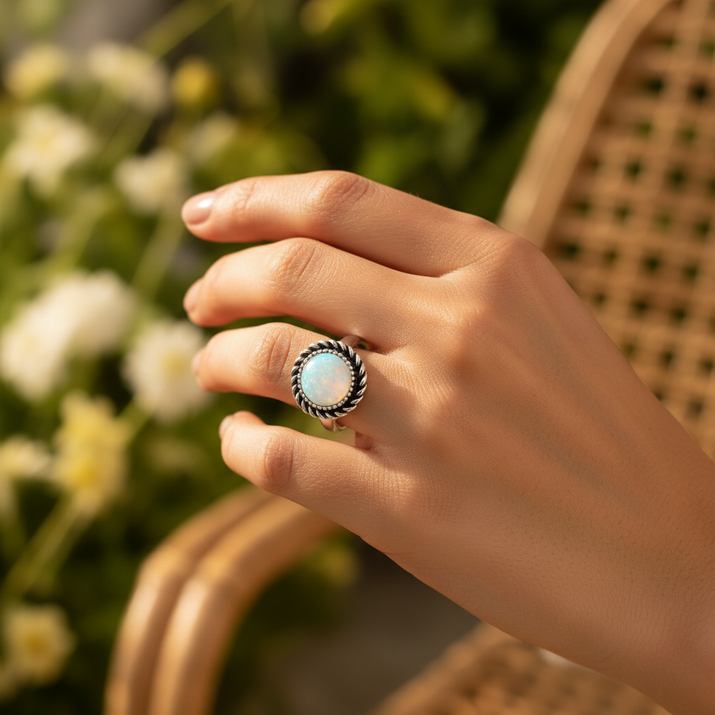 Silver moonstone rope twist bezel ring worn on hand, golden hour boho lifestyle, size 19, Arnia CraftyGirl