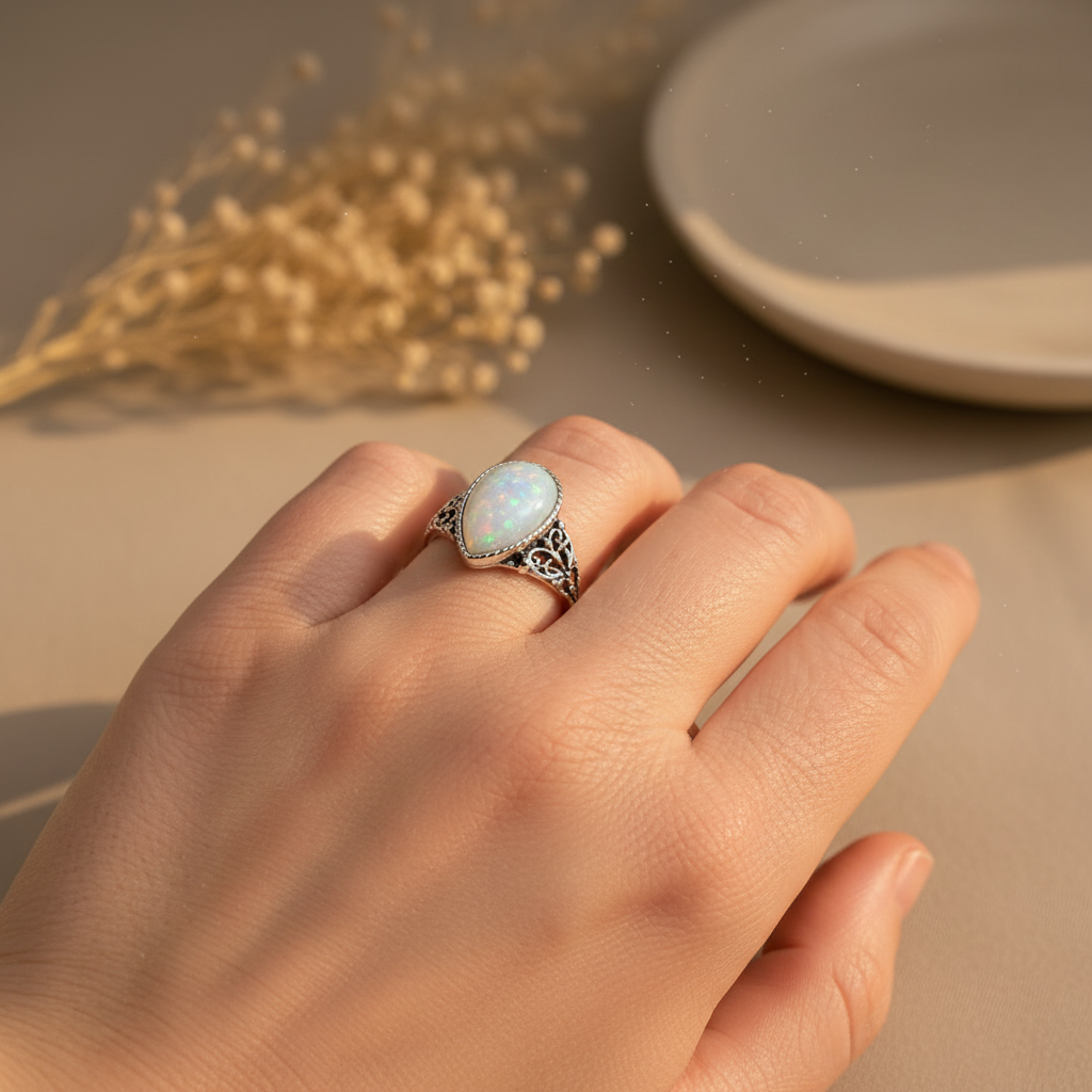 Teardrop moonstone glass stone ring with filigree scroll detail worn on hand, boho lifestyle, size 15, Arnia CraftyGirl