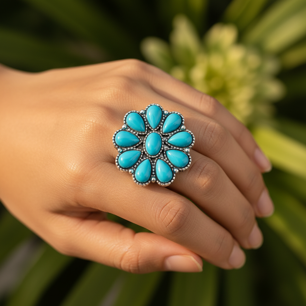 Silver-plated turquoise flower cluster ring worn on hand, golden hour boho lifestyle, Arnia CraftyGirl