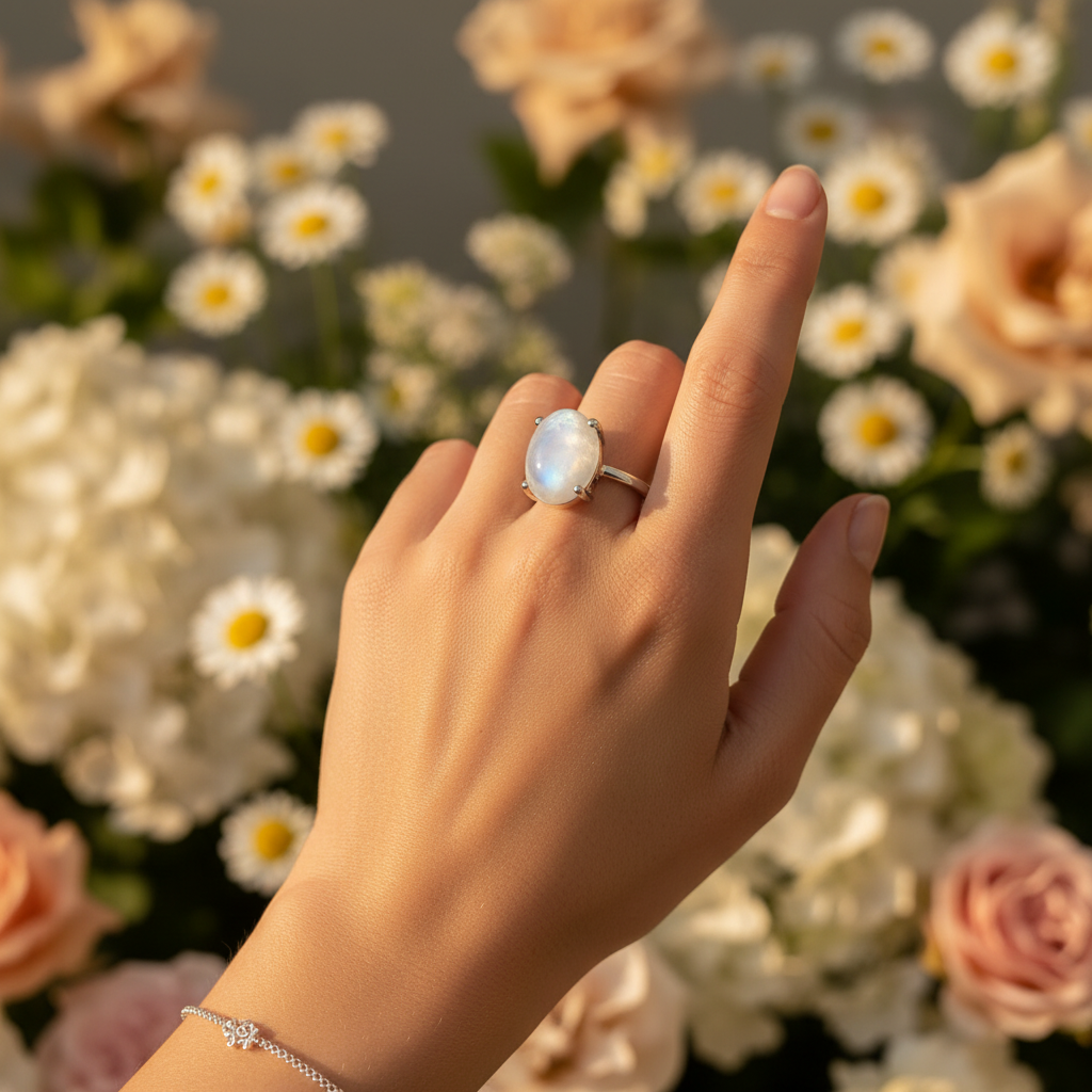Silver-plated moonstone ring worn on hand, golden hour boho lifestyle, size 18, Arnia CraftyGirl