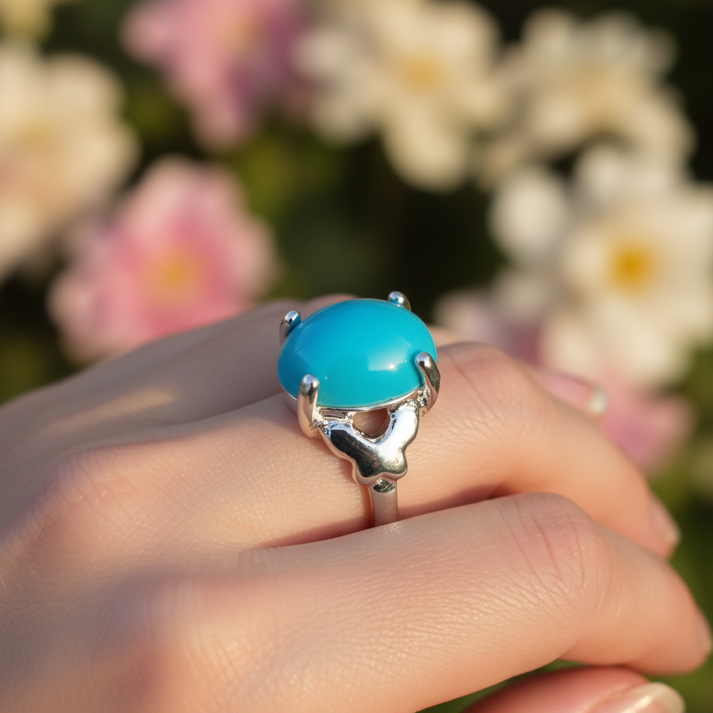 Silver-plated turquoise butterfly ring worn on hand, golden hour boho lifestyle, size 18, Arnia CraftyGirl