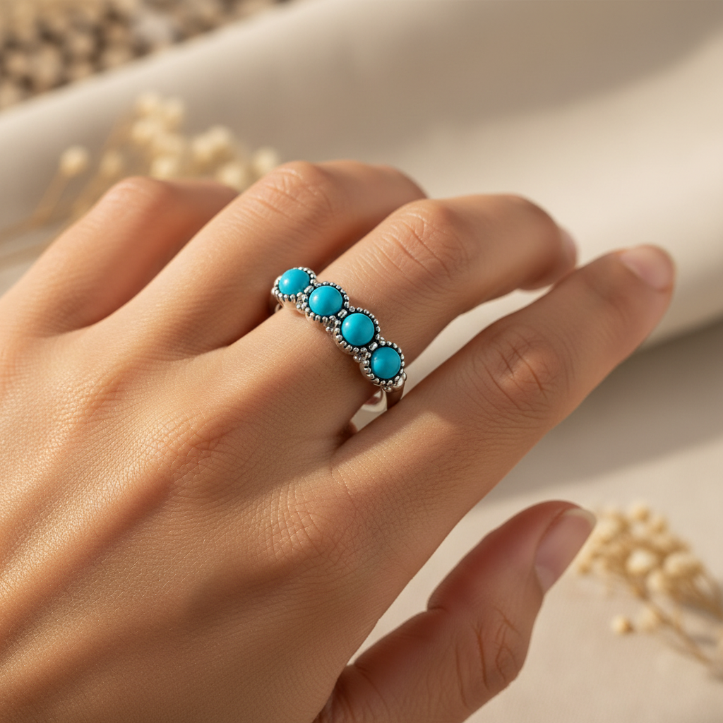 Silver ring with 4 round turquoise cabochon stones in beaded bezels worn on finger, boho lifestyle, size 13, Arnia CraftyGirl