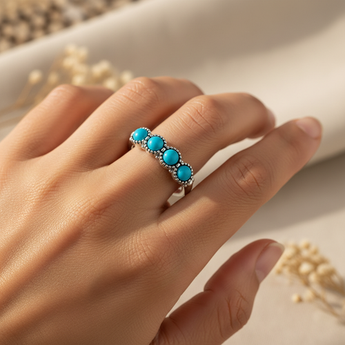 Silver ring with 4 round turquoise cabochon stones in beaded bezels worn on finger, boho lifestyle, size 13, Arnia CraftyGirl