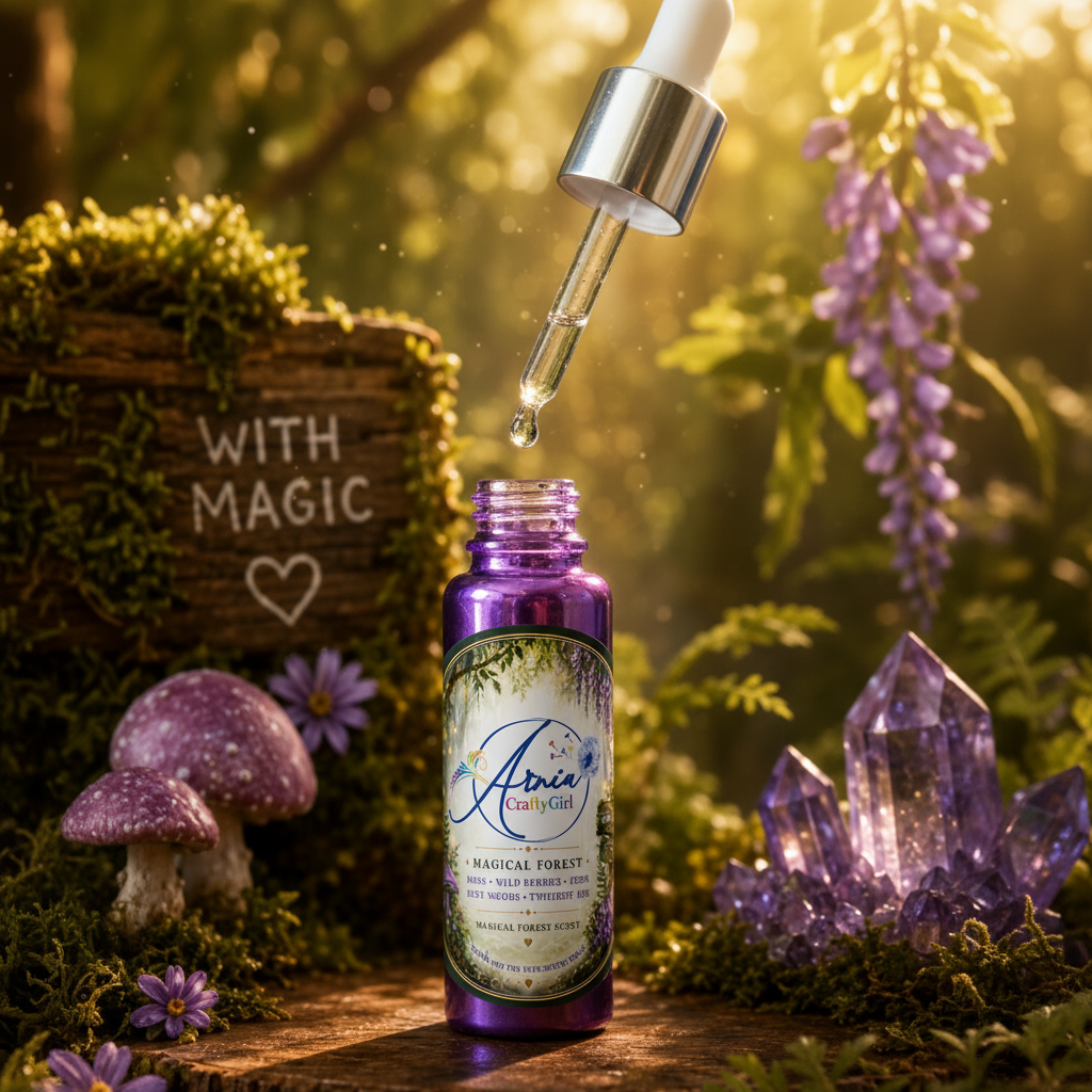 Magical Forest handbag scent purple dropper bottle open with glass dropper pipette showing a drop of liquid, surrounded by moss and ferns, Arnia CraftyGirl