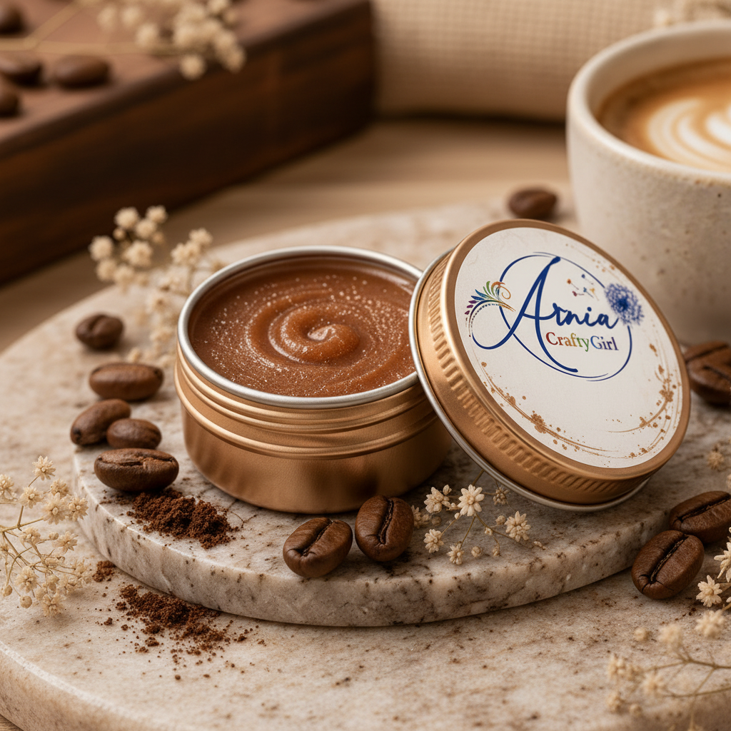 Close-up of Arnia CraftyGirl Coffee Lip Balm open tin showing soft brown copper shimmer balm texture