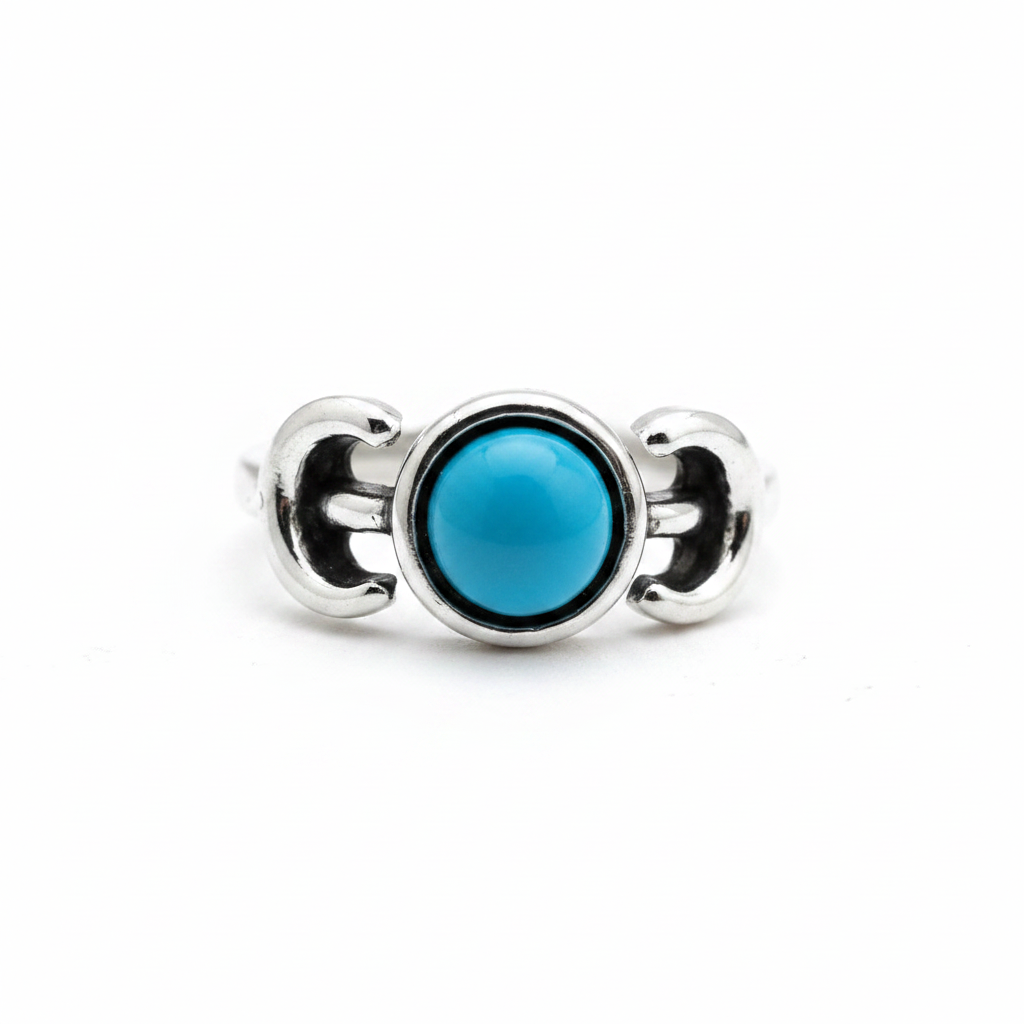 Close-up detail of turquoise stone and crescent moon silver ring – Arnia CraftyGirl