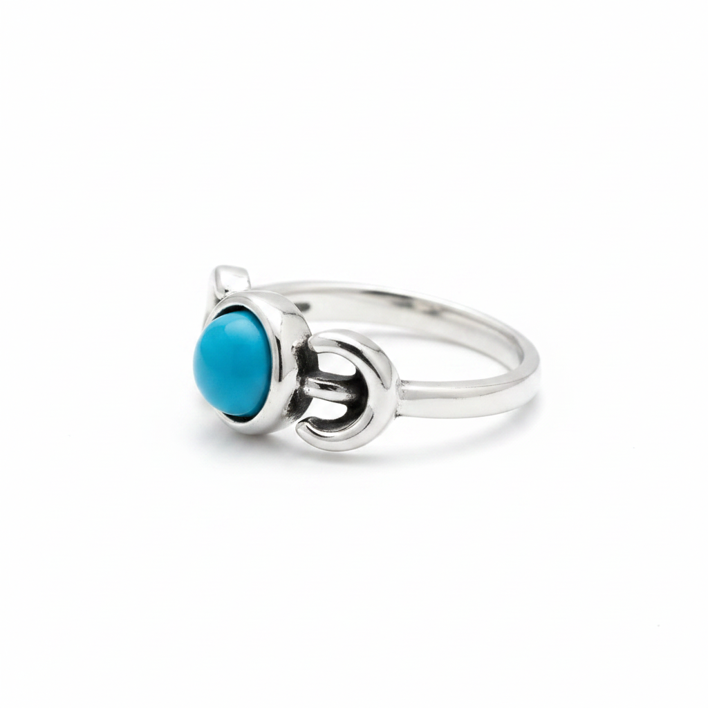 Side view of silver-plated turquoise crescent moon ring – Arnia CraftyGirl
