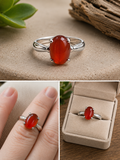 Silver plated with oval, red, glass stone, ring
