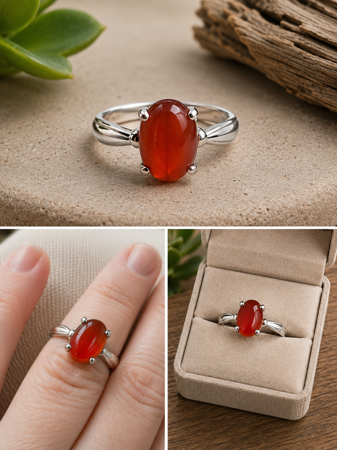 Silver plated with oval, red, glass stone, ring