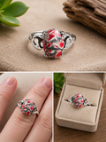 Silver plated ring with large two coloured glass stone in hues of grey and red size 20