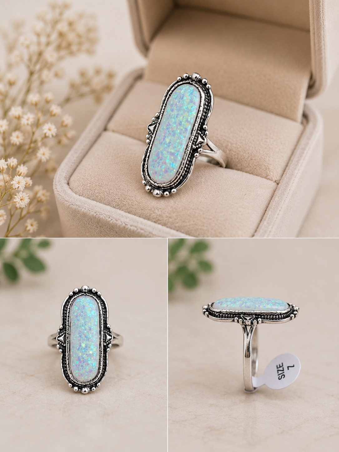 Large moonstone, glass stone ring, intricate detail surrounding stone size 16
