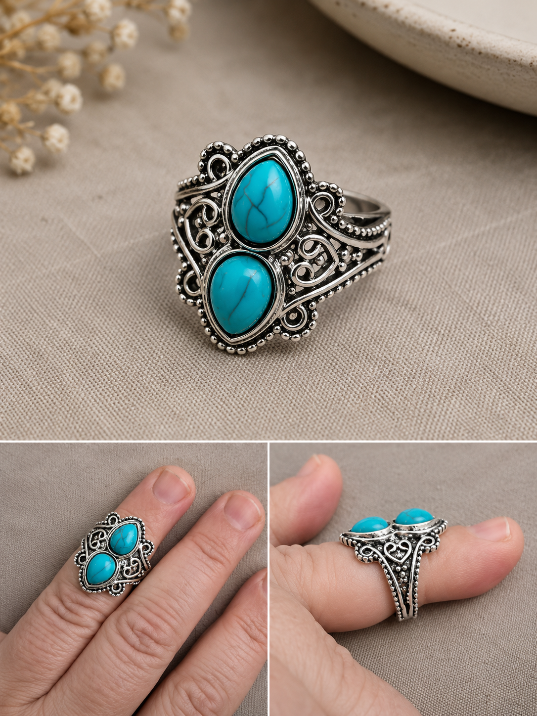 Two small turquoise teardrop stones ring size 15