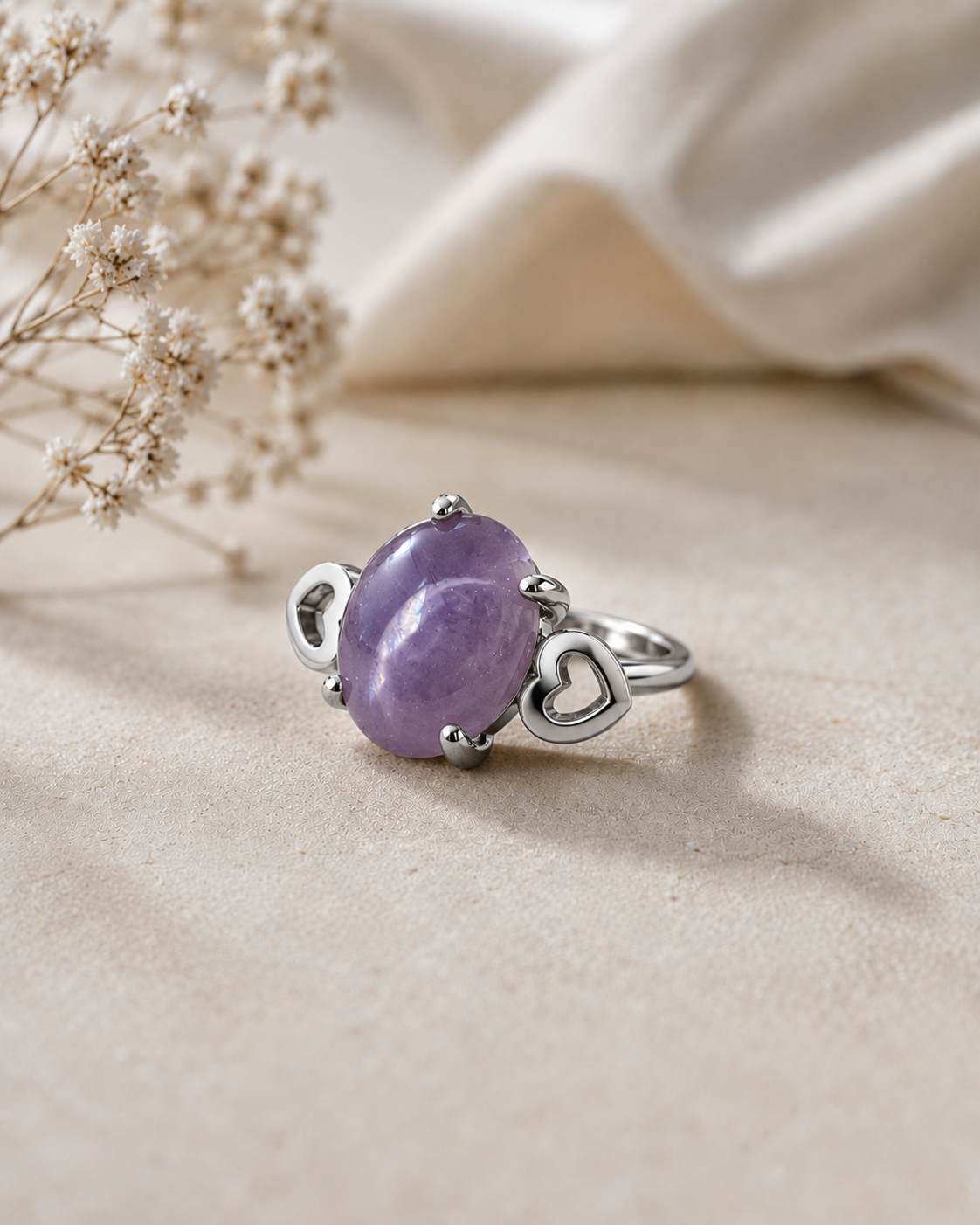 Amethyst ring with heart detail on sides. Size 19